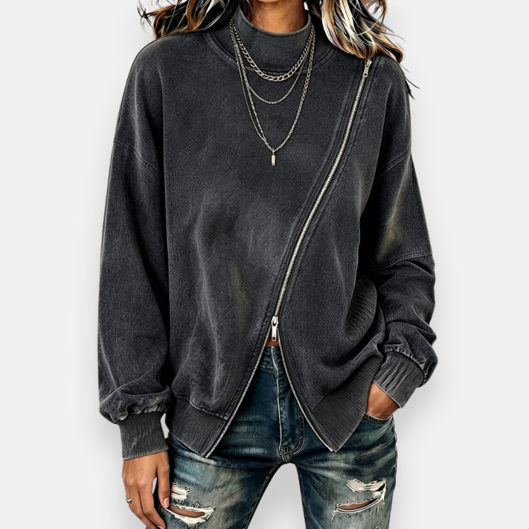 Women's Oversized Sweatshirt – Asymmetric Zip Washed Effect