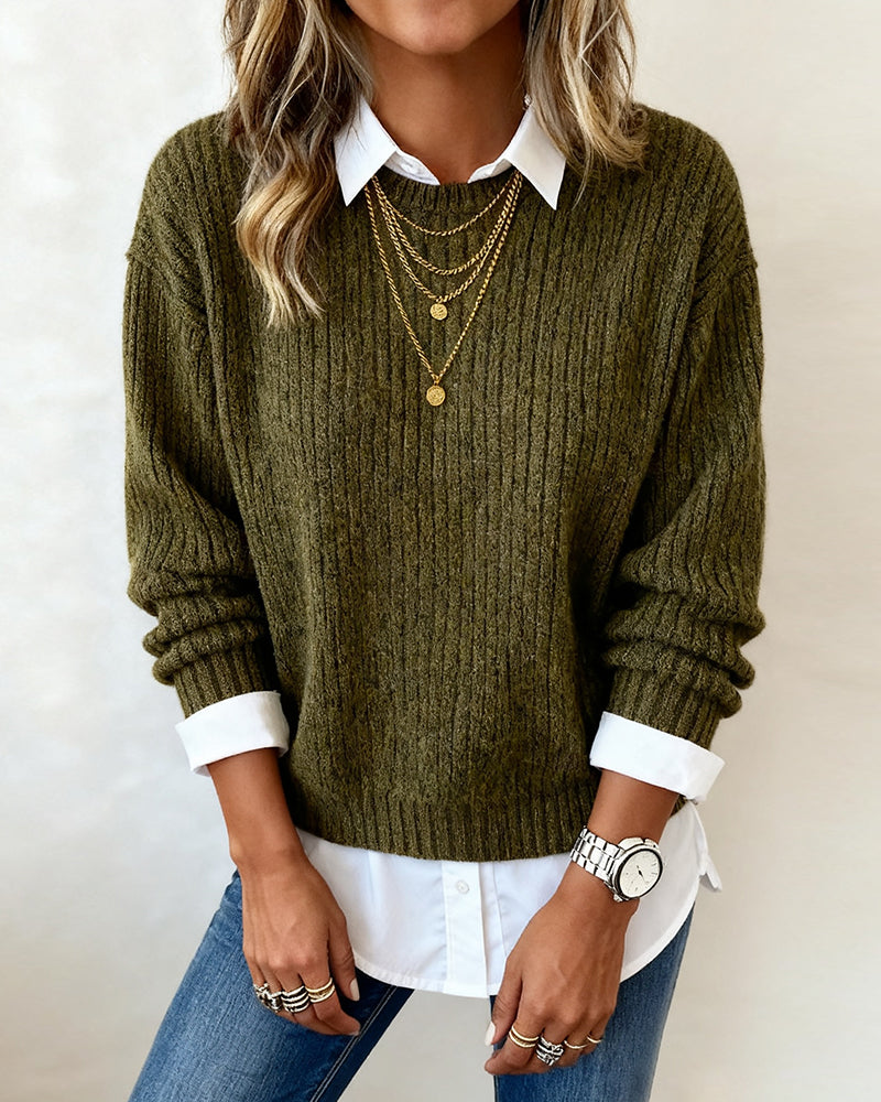 Women's Shirt-Collar Sweater – Layered Two-in-One Knit