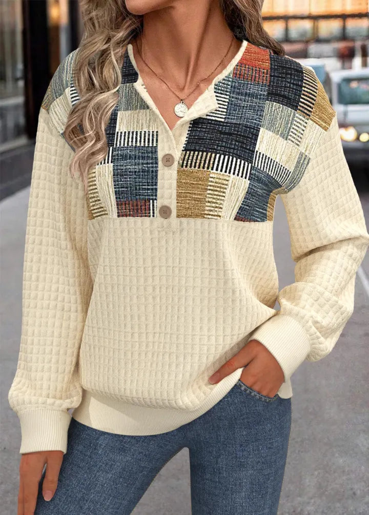 Linora | Women's Patchwork Waffle-Knit Button Sweater