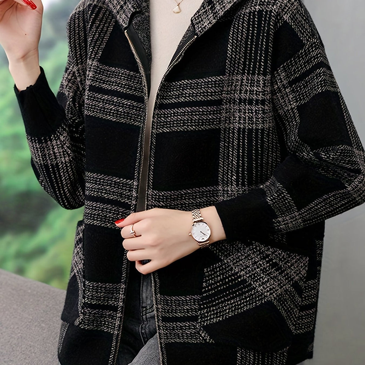 Delaney | Women's Checked Hooded Jacket – Zip-Up Knit