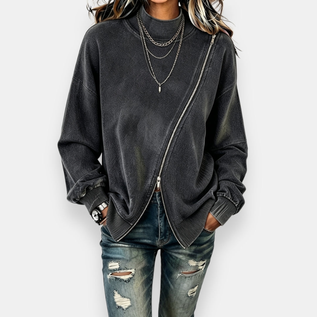 Women's Oversized Sweatshirt – Asymmetric Zip Washed Effect