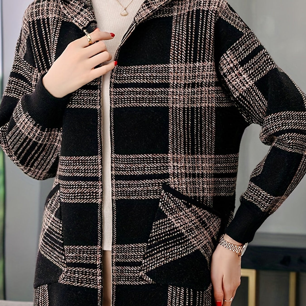 Delaney | Women's Checked Hooded Jacket – Zip-Up Knit