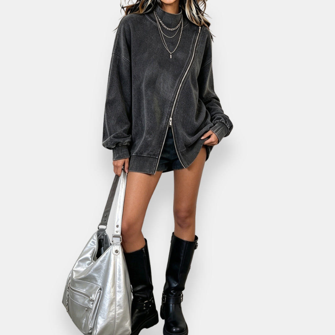 Women's Oversized Sweatshirt – Asymmetric Zip Washed Effect