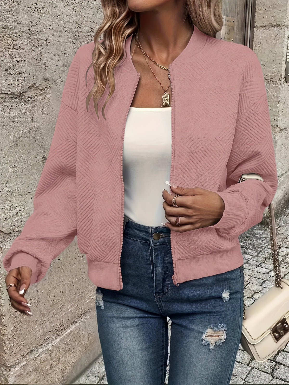 Aurélie | Women's Textured Zip Jacket – Lightweight Quilted Bomber