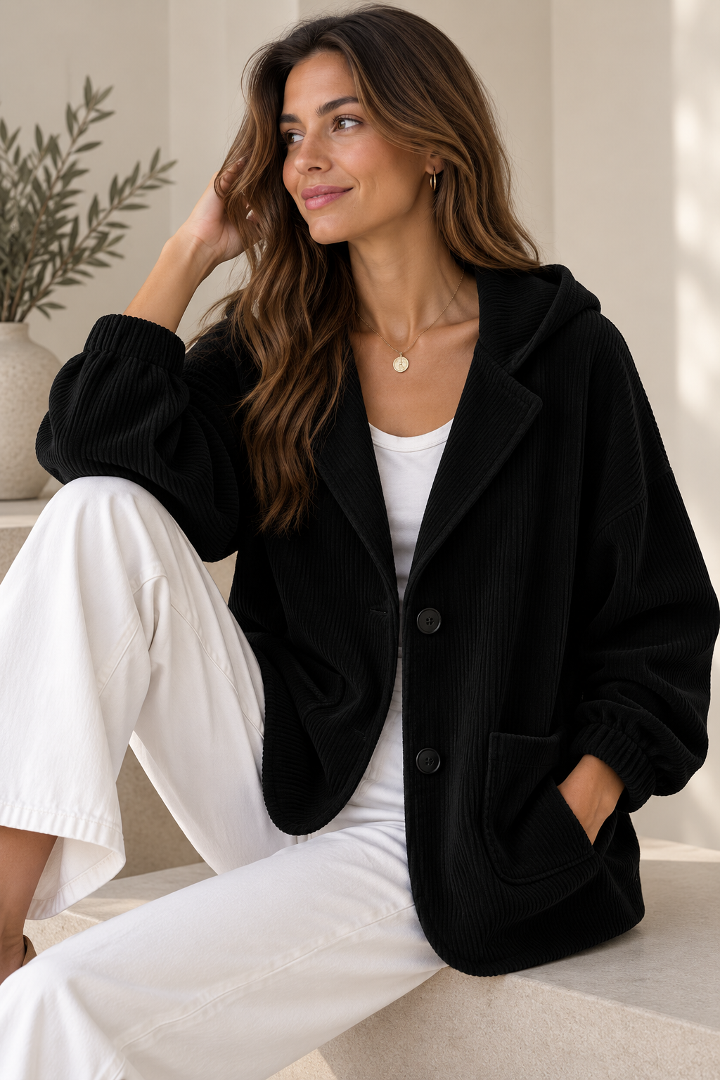Women's Oversized Corduroy-Effect Hooded Jacket – Button Front