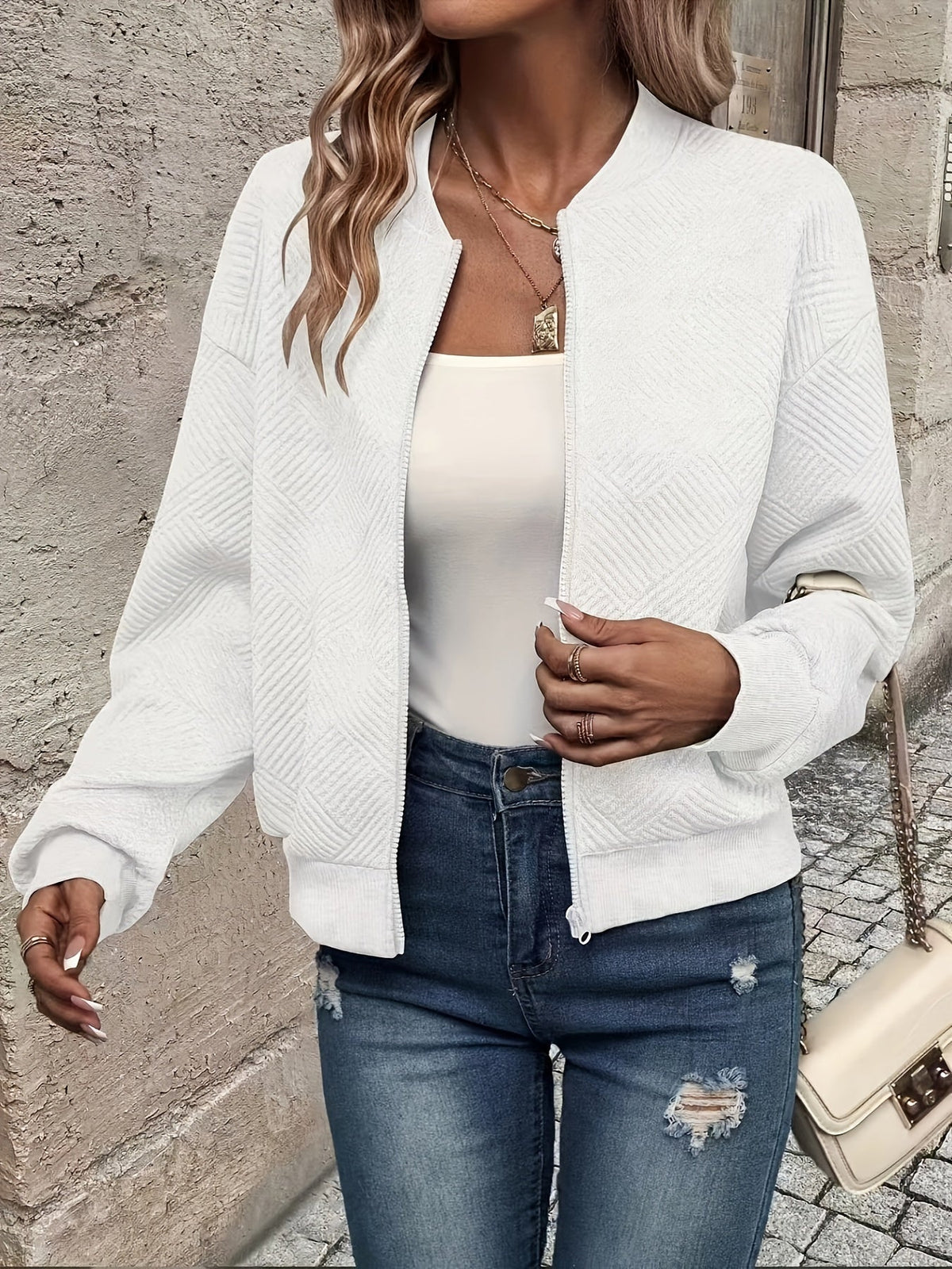 Aurélie | Women's Textured Zip Jacket – Lightweight Quilted Bomber