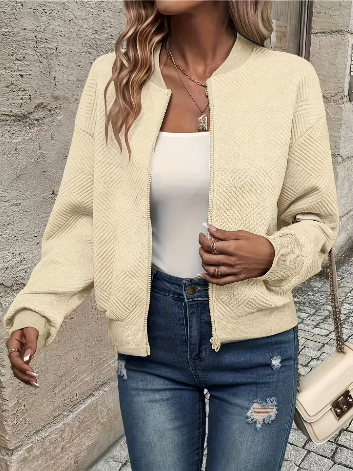 Aurélie | Women's Textured Zip Jacket – Lightweight Quilted Bomber