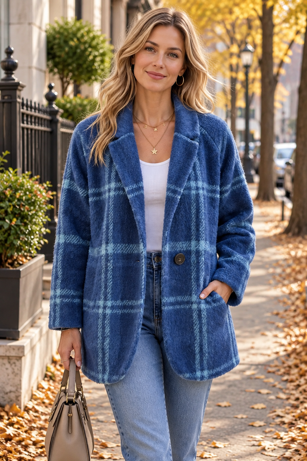 Adele | Women's Oversized Plaid Coat with Side Pockets – Relaxed Fall Layer – Blue