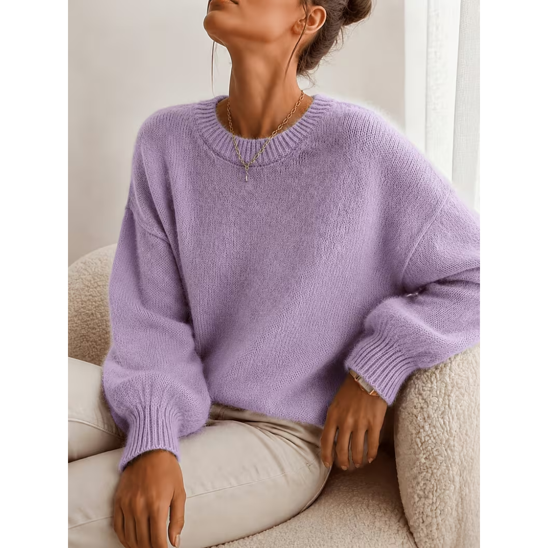 Allie | Women's Soft Relaxed Crewneck Sweater – Drop Shoulders, Balloon Sleeves – Lavender