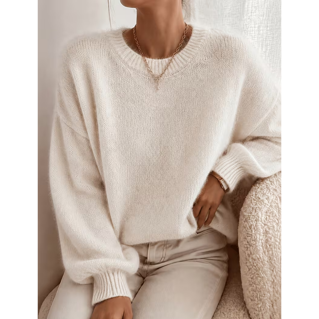 Allie | Women's Soft Relaxed Crewneck Sweater – Drop Shoulders, Balloon Sleeves – Cream