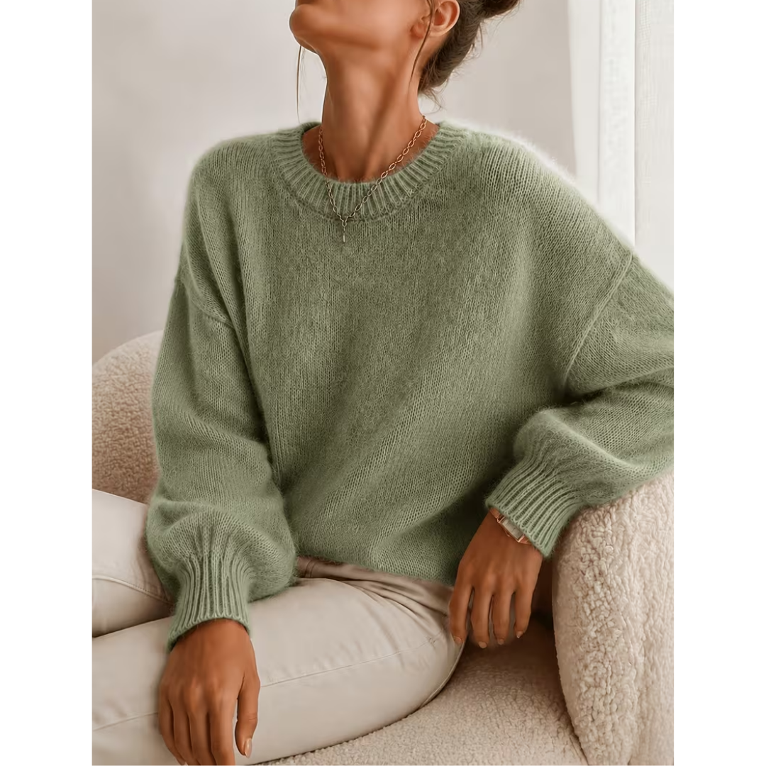 Allie | Women's Soft Relaxed Crewneck Sweater – Drop Shoulders, Balloon Sleeves – Sage Green