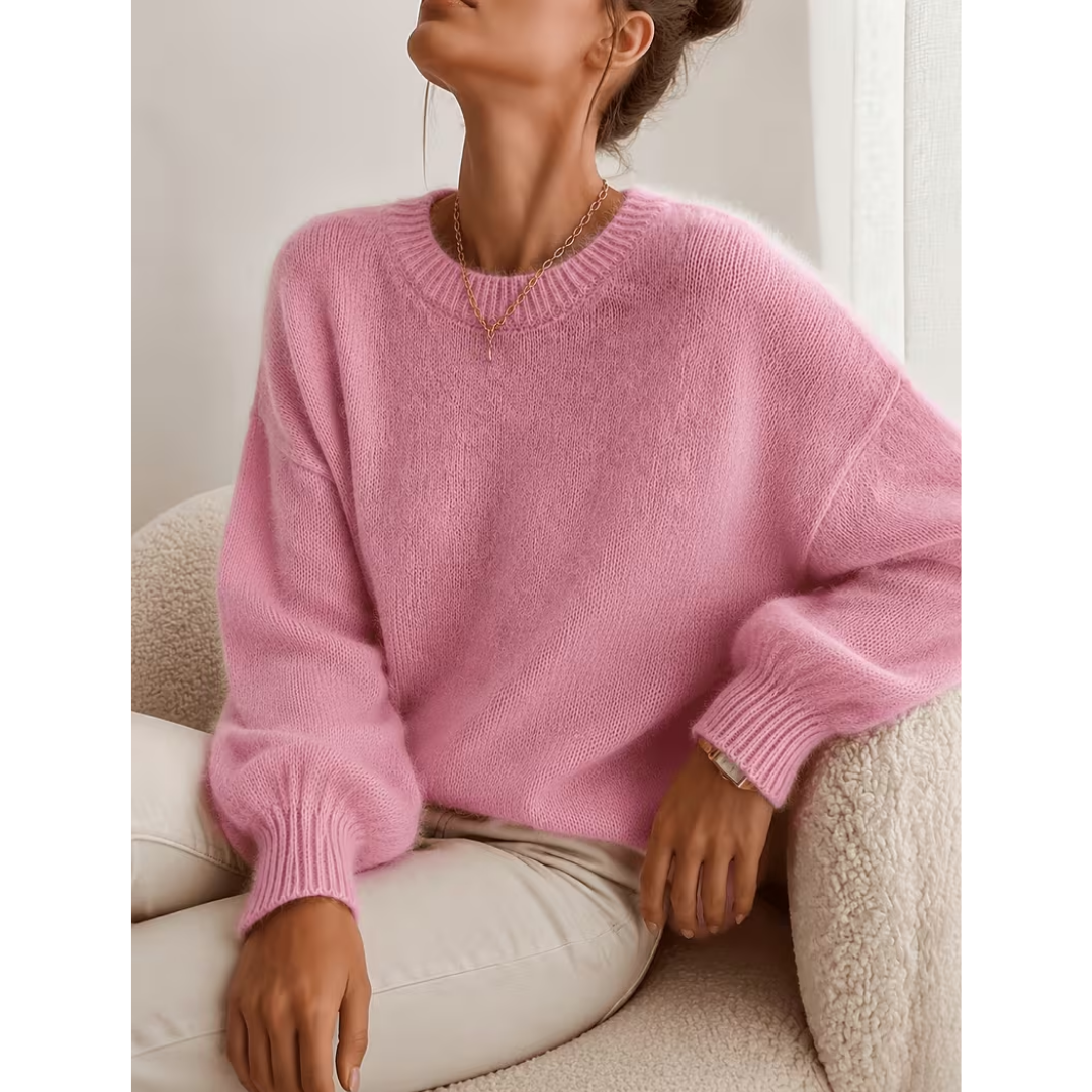 Allie | Women's Soft Relaxed Crewneck Sweater – Drop Shoulders, Balloon Sleeves – Pink