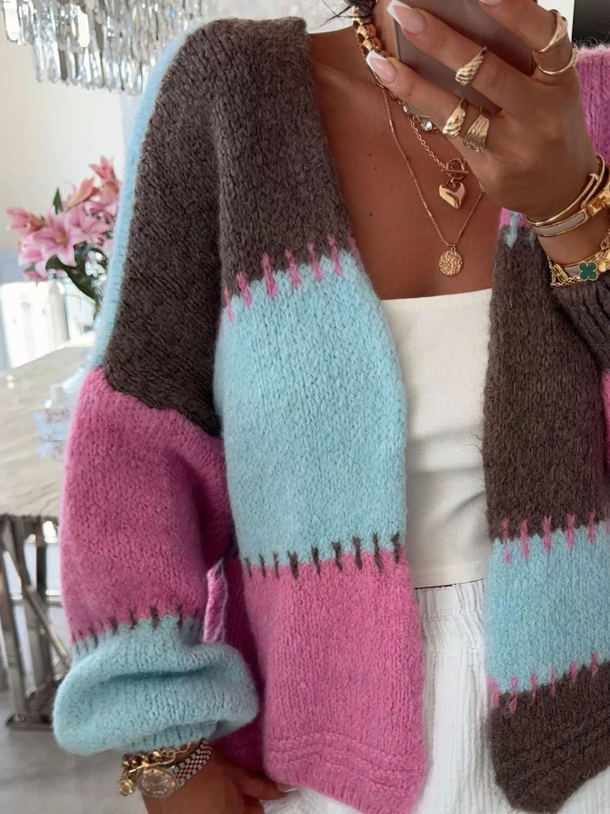 Alma | Women's Color Block Open-Front Cardigan – Relaxed Knit Layer