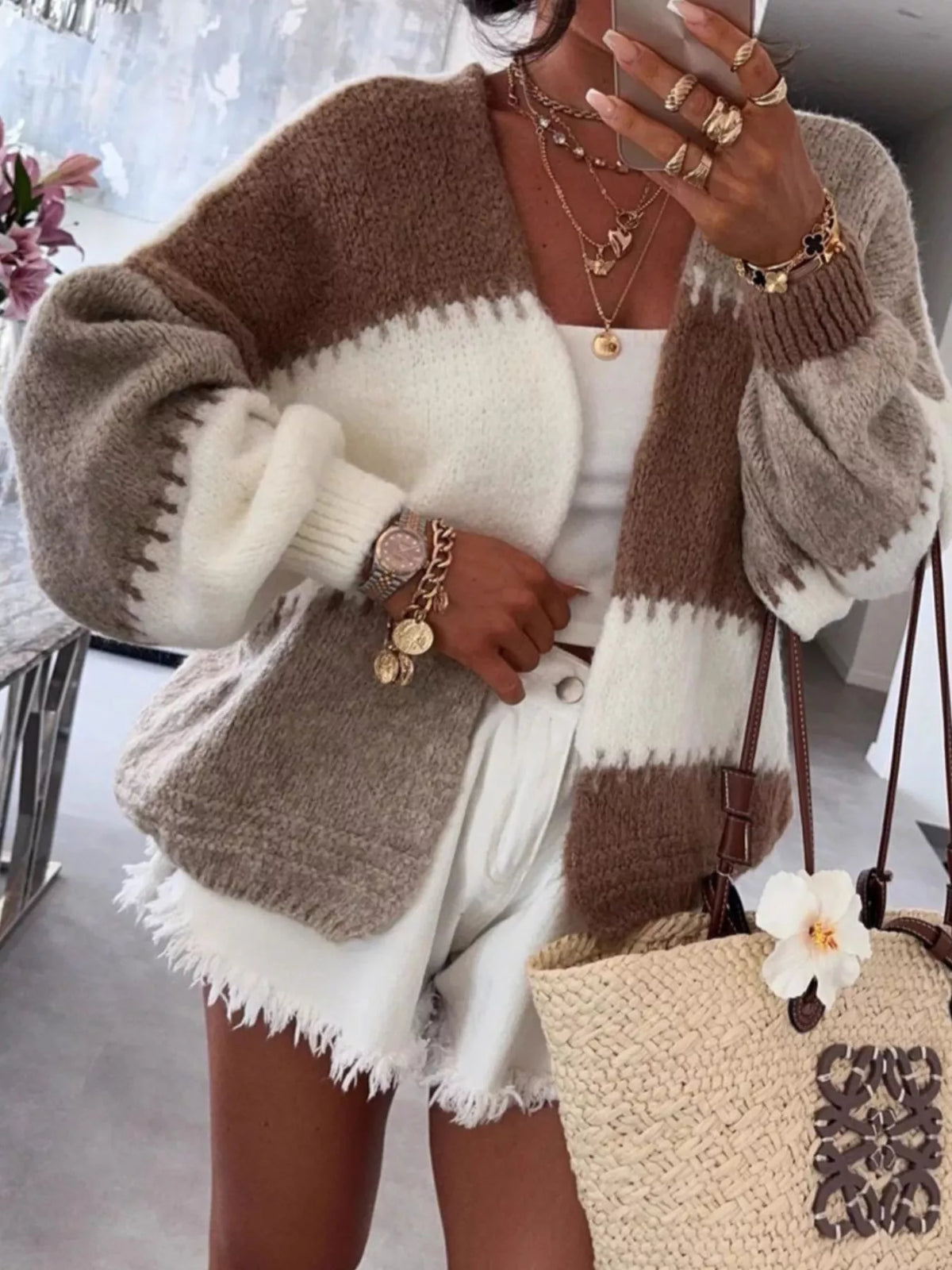 Alma | Women's Color Block Open-Front Cardigan – Relaxed Knit Layer – Brown
