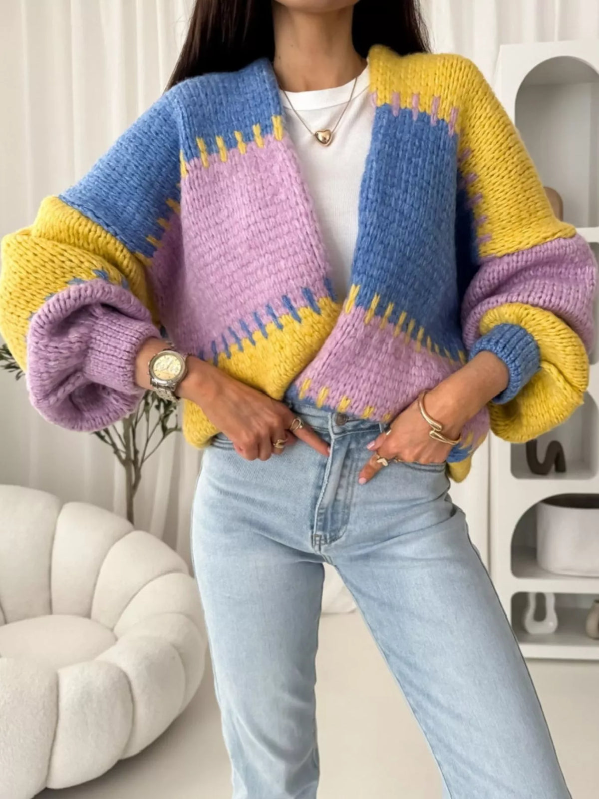 Alma | Women's Color Block Open-Front Cardigan – Relaxed Knit Layer