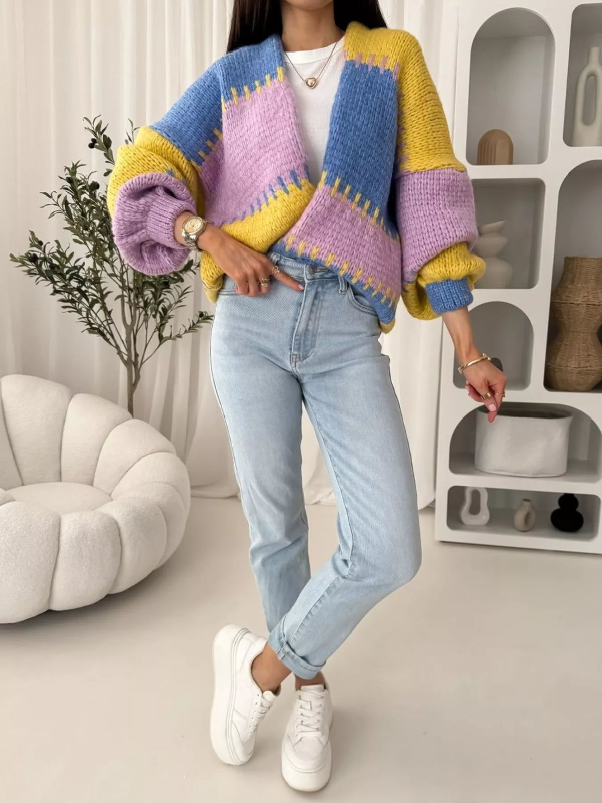Alma | Women's Color Block Open-Front Cardigan – Relaxed Knit Layer