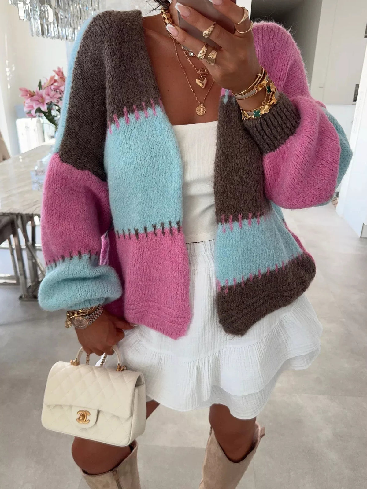 Alma | Women's Color Block Open-Front Cardigan – Relaxed Knit Layer