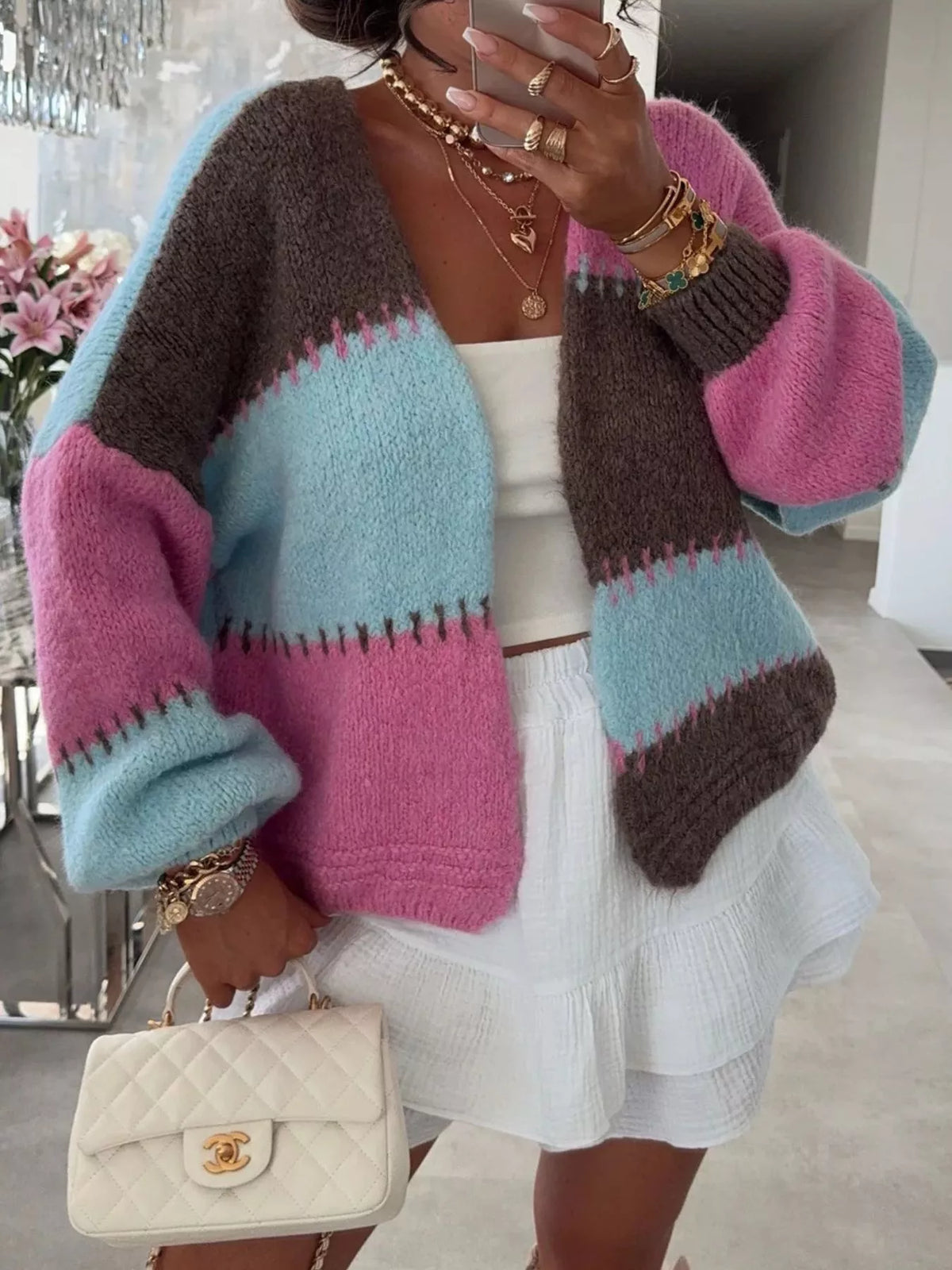 Alma | Women's Color Block Open-Front Cardigan – Relaxed Knit Layer – Rose