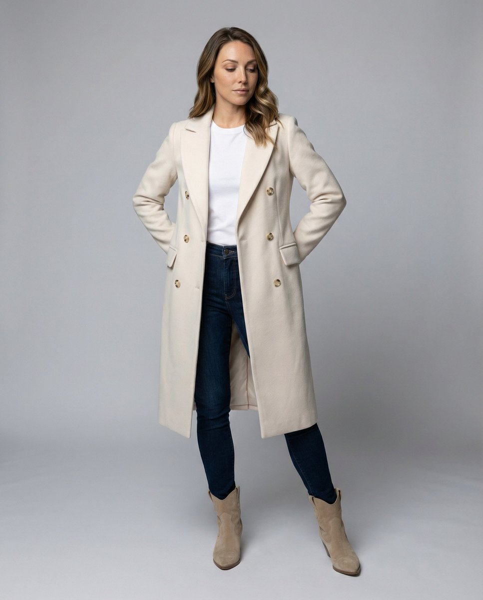 Alyssa | Women's Double-Breasted Midi Overcoat – Notch Lapels, Tailored Fit, Flap Pockets – Cream