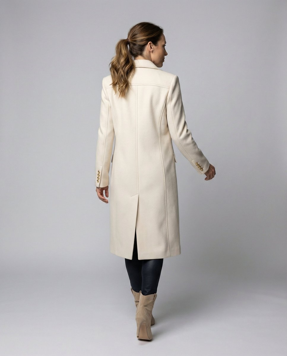 Alyssa | Women's Double-Breasted Midi Overcoat – Notch Lapels, Tailored Fit, Flap Pockets
