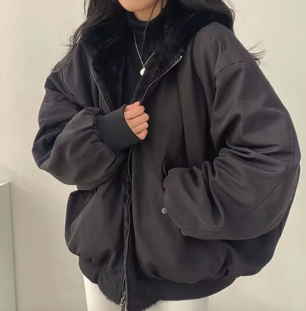Amanda | Women's Oversized Faux Fur-Lined Bomber Jacket – Hooded, Zip Front, Ribbed Cuffs – Black
