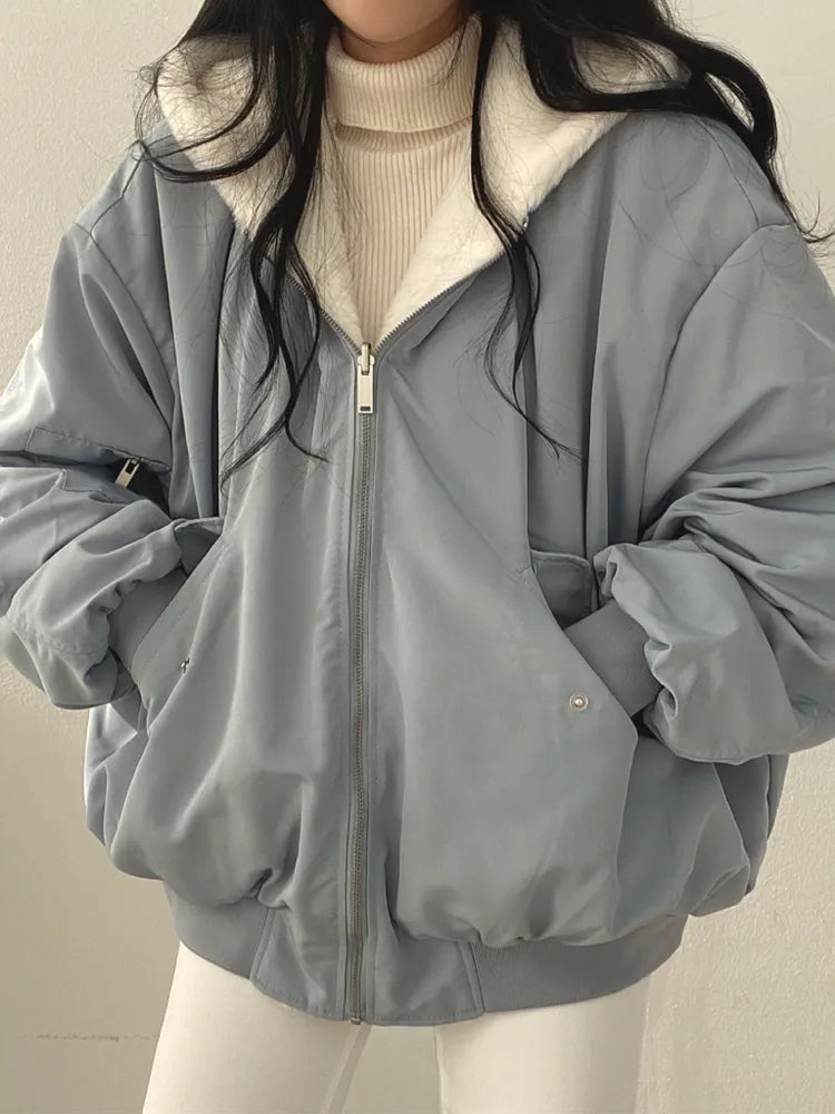 Amanda | Women's Oversized Faux Fur-Lined Bomber Jacket – Hooded, Zip Front, Ribbed Cuffs – Dusty Blue