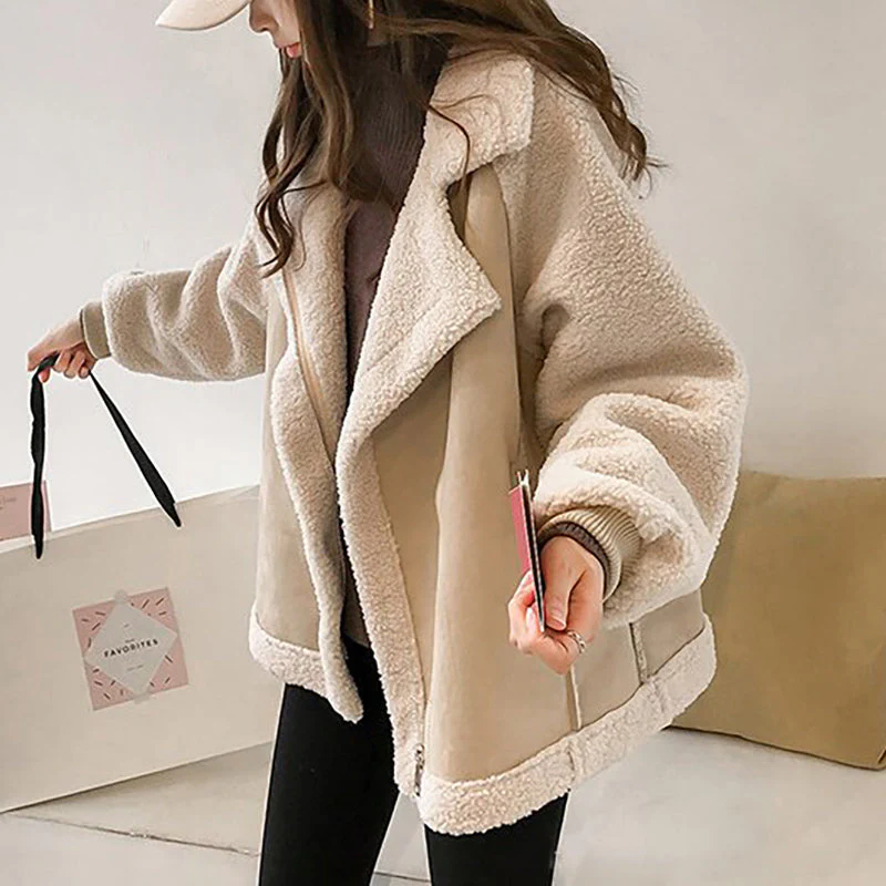 Angelina | Women's Faux Shearling Aviator Jacket – Fleece-Lined, Wide Lapel, Zip Front