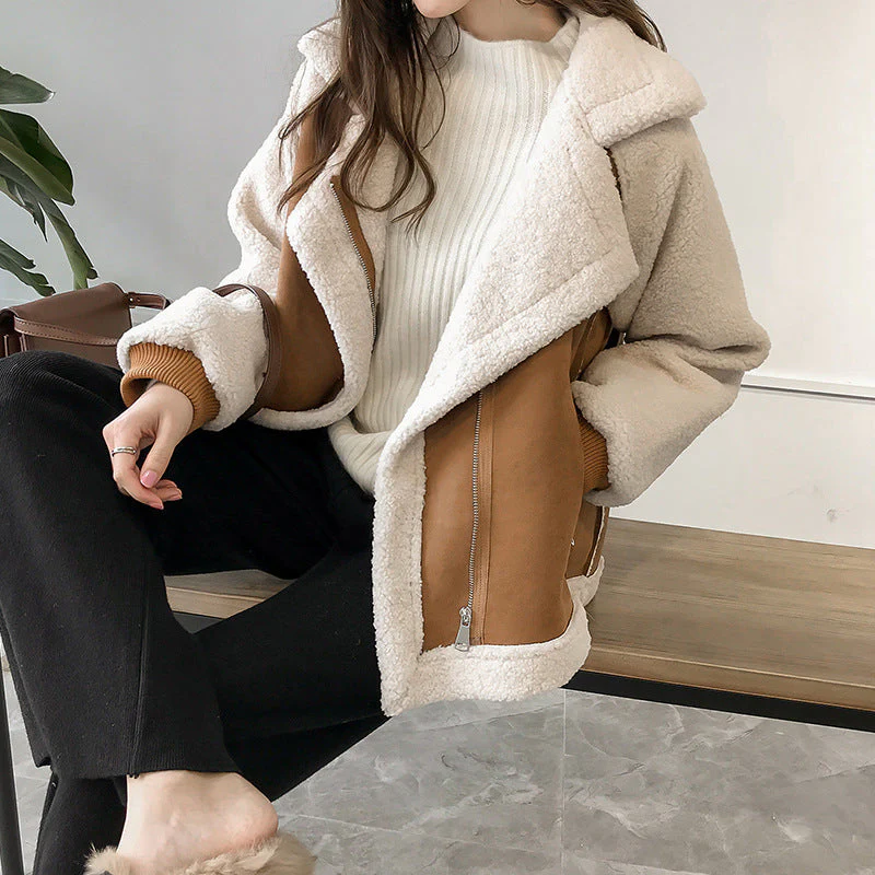 Angelina | Women's Faux Shearling Aviator Jacket – Fleece-Lined, Wide Lapel, Zip Front
