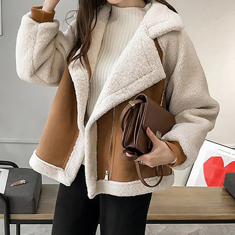 Angelina | Women's Faux Shearling Aviator Jacket – Fleece-Lined, Wide Lapel, Zip Front