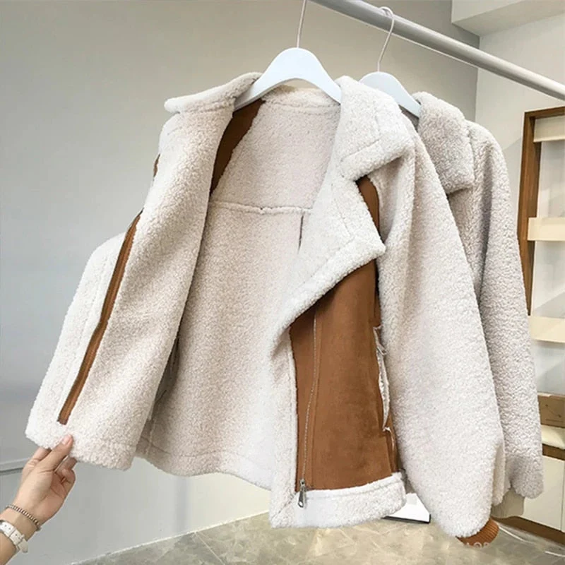 Angelina | Women's Faux Shearling Aviator Jacket – Fleece-Lined, Wide Lapel, Zip Front