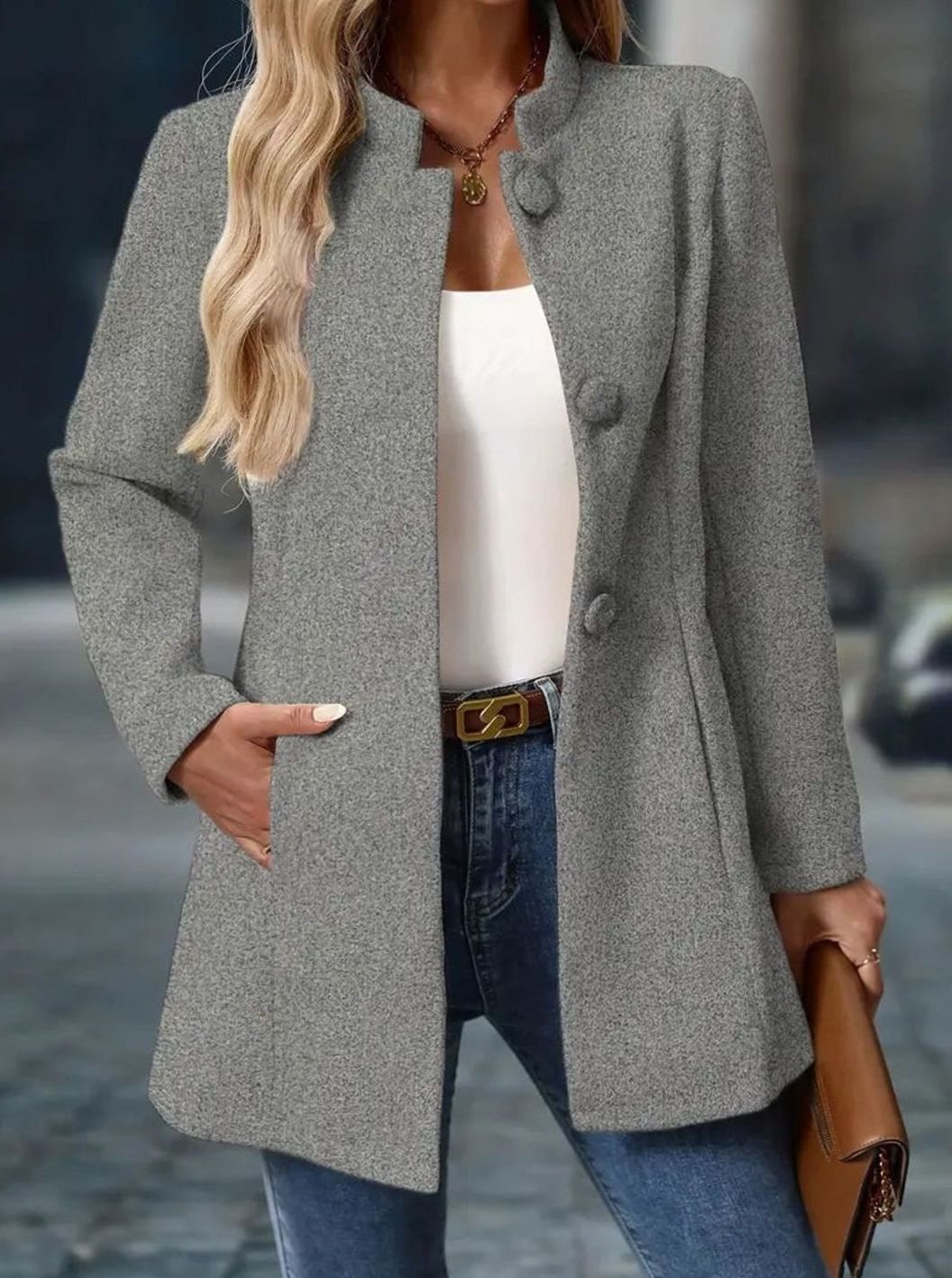 Anya | Women's Stand Collar Button Coat – Hip Length Elegant Winter Coat – Gray