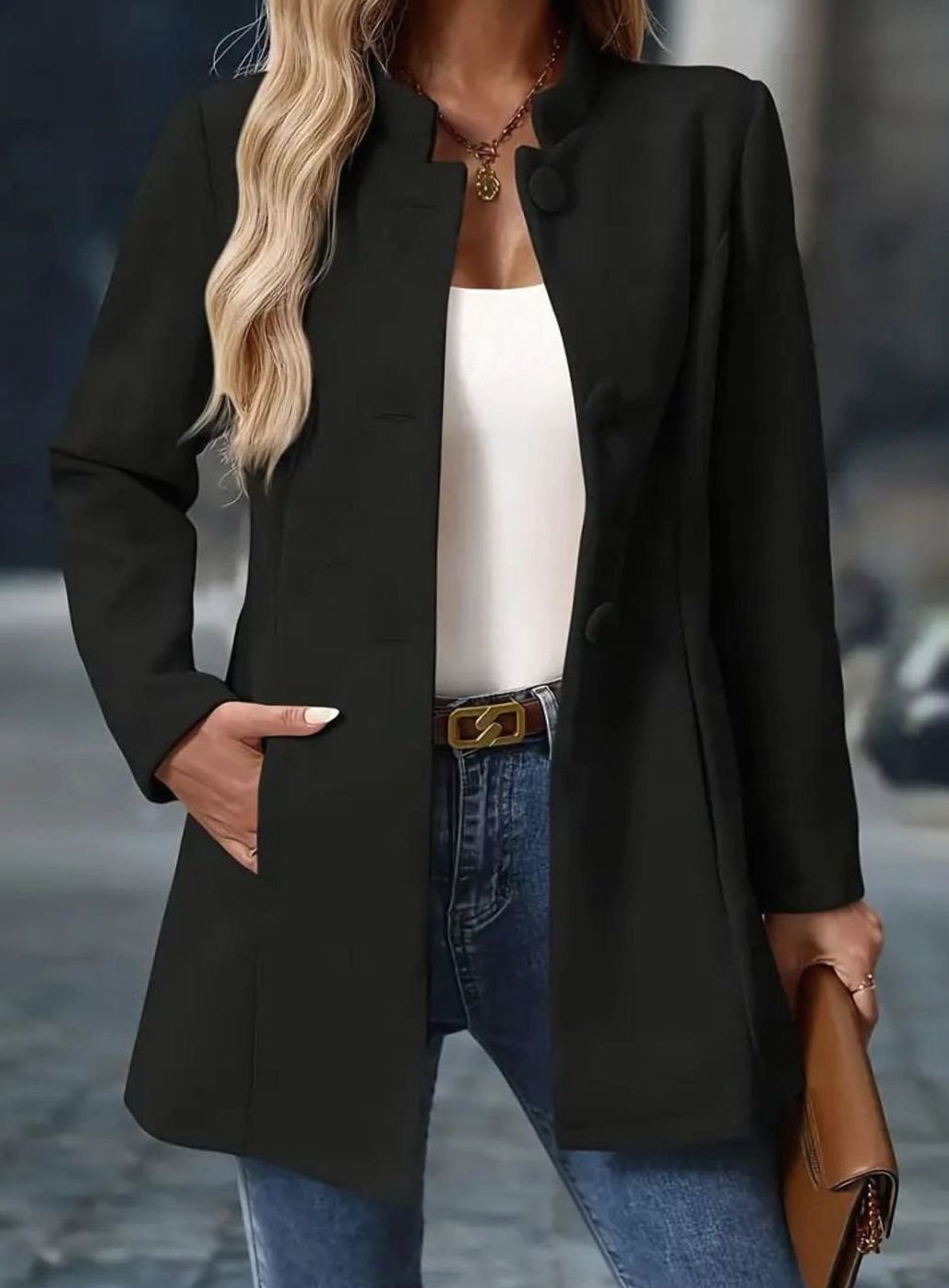 Anya | Women's Stand Collar Button Coat – Hip Length Elegant Winter Coat – Black