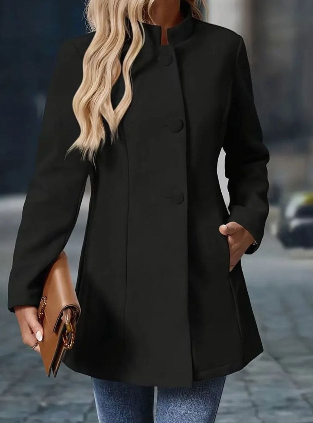 Anya | Women's Stand Collar Button Coat – Hip Length Elegant Winter Coat