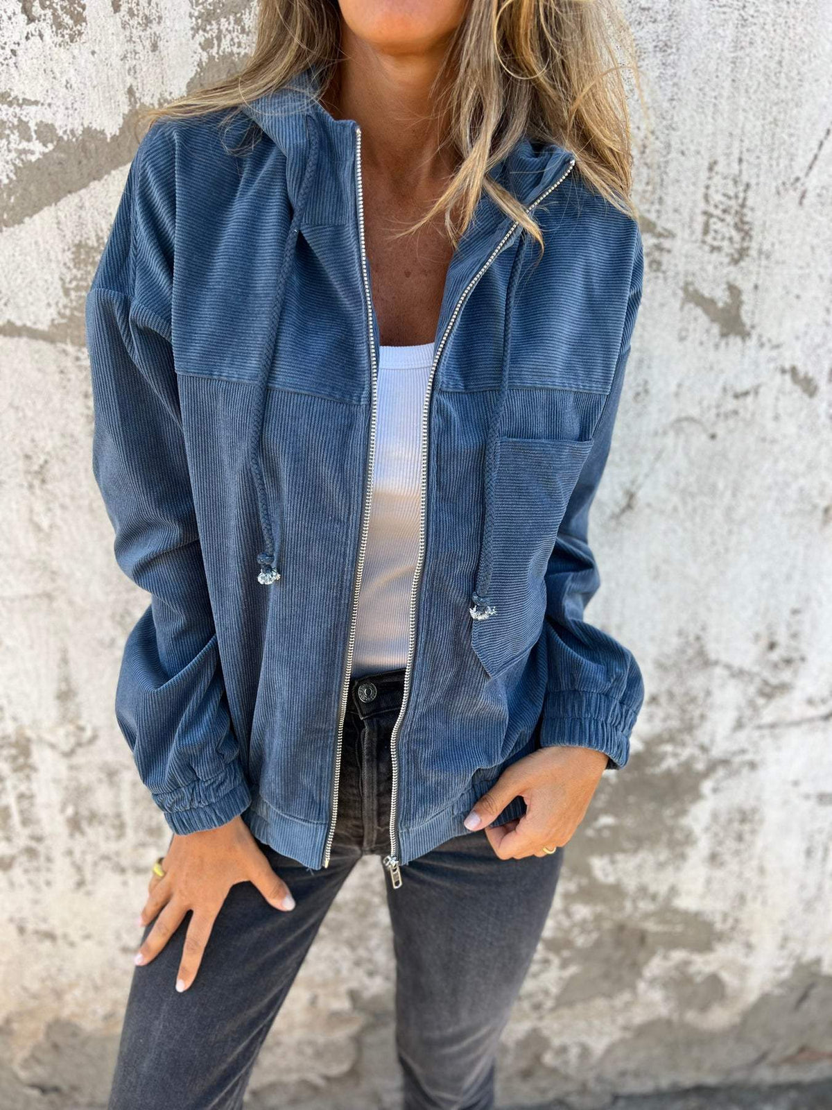 Ariana | Women's Hooded Cotton Jacket – Full Zip, Drawstring Waist, Relaxed Fit – Denim Blue