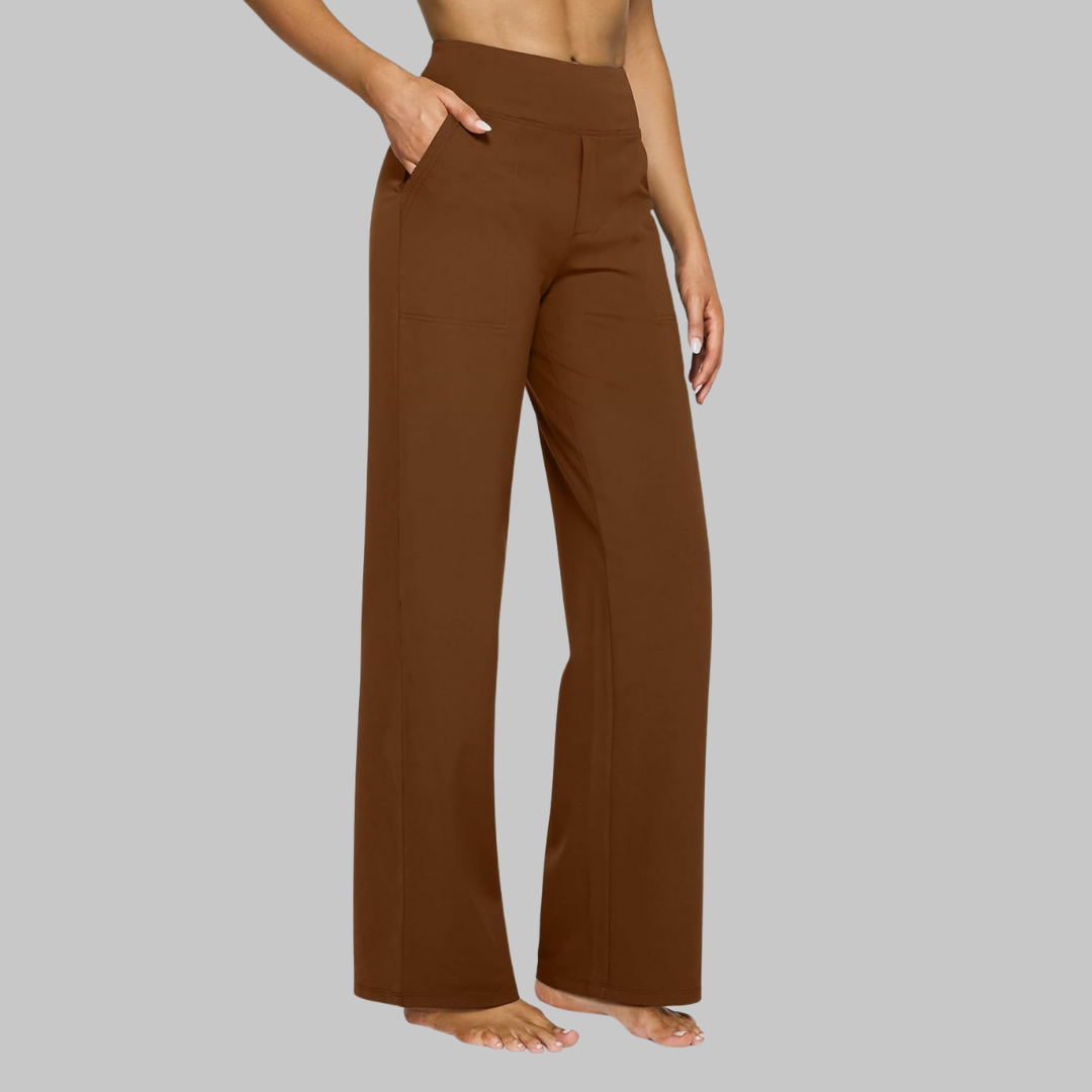 Bettina | Women's Stretch Pull-On Pants – Wide Comfort Waistband, Pockets – Dark Brown