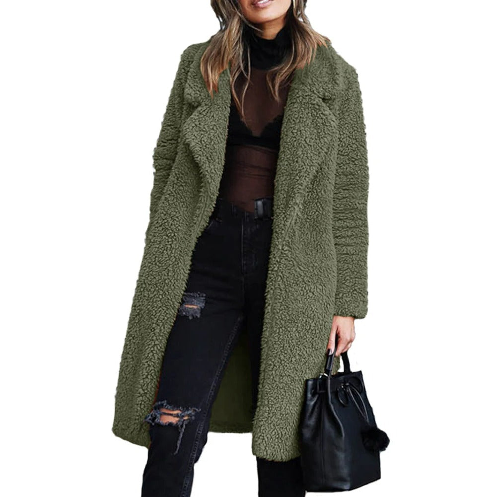 Blake | Women's Plush Teddy Coat – Knee Length, Wide Lapel, Fleece Lined – Olive Green