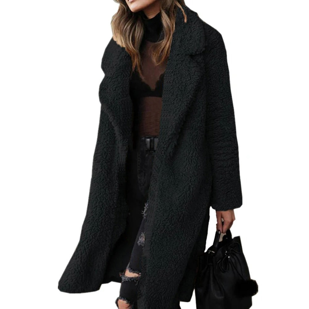 Blake | Women's Plush Teddy Coat – Knee Length, Wide Lapel, Fleece Lined – Black