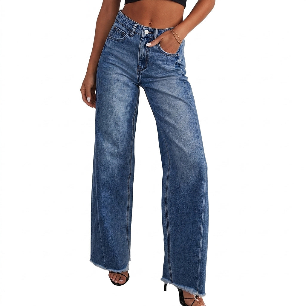 Blythe | Women's High-Waist Wide-Leg Jeans – Raw Hem, Five-Pocket Denim – Dark Blue