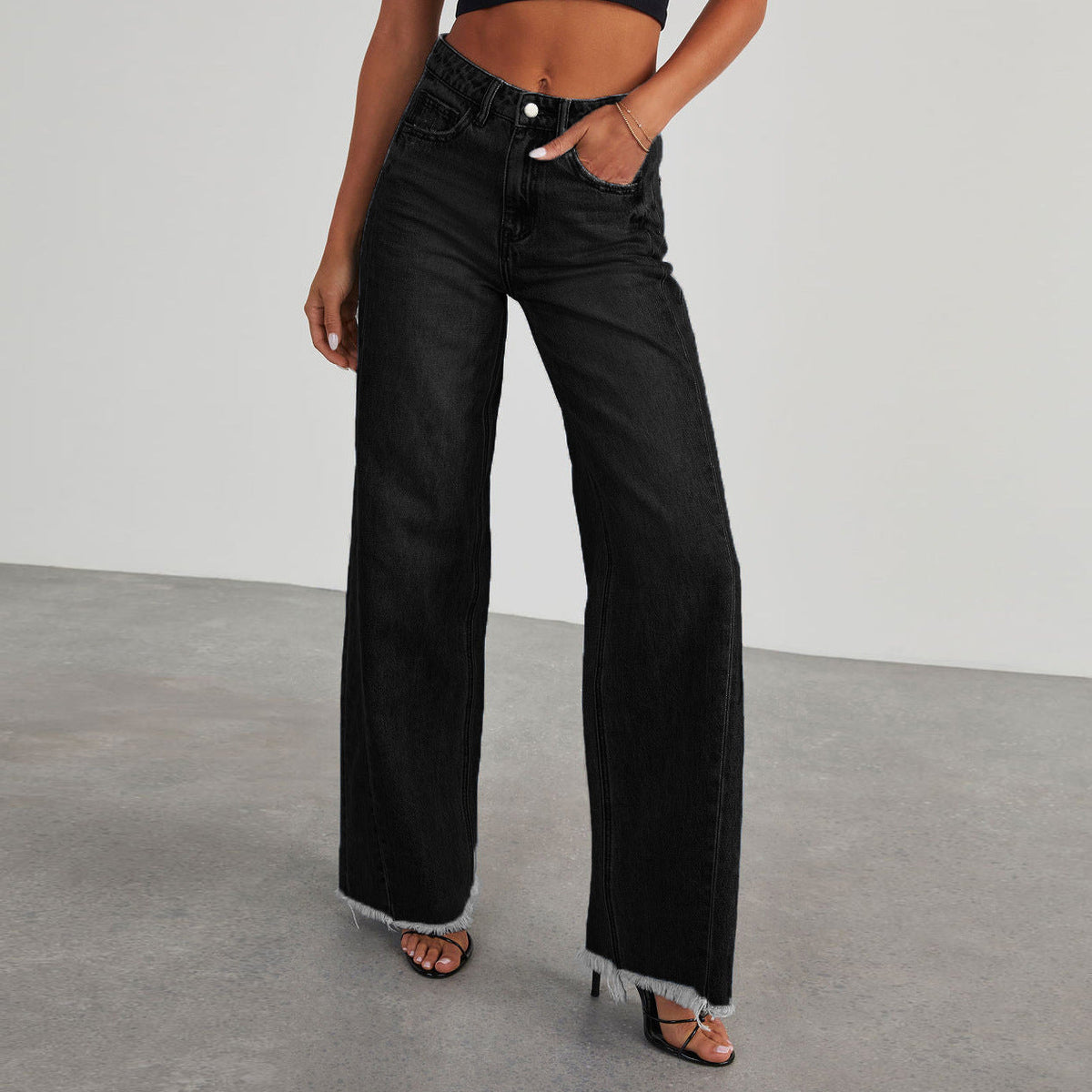Blythe | Women's High-Waist Wide-Leg Jeans – Raw Hem, Five-Pocket Denim – Black