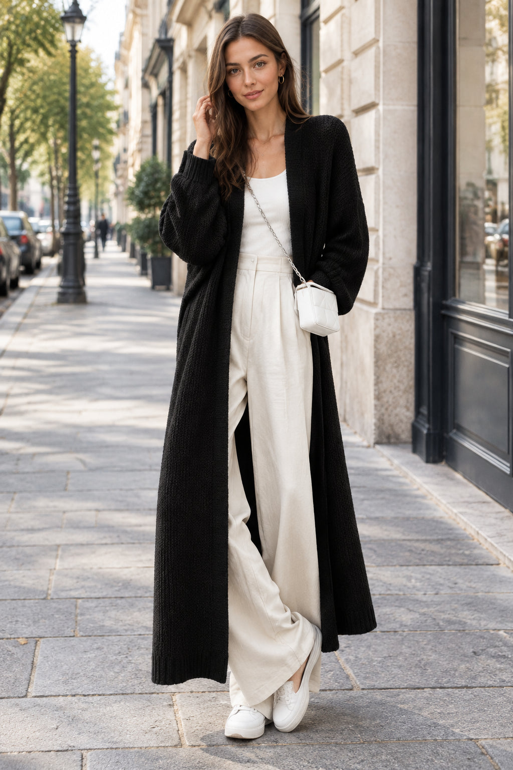 Bonnie | Women's Long Open-Front Cardigan – Longline Knit Duster – Black