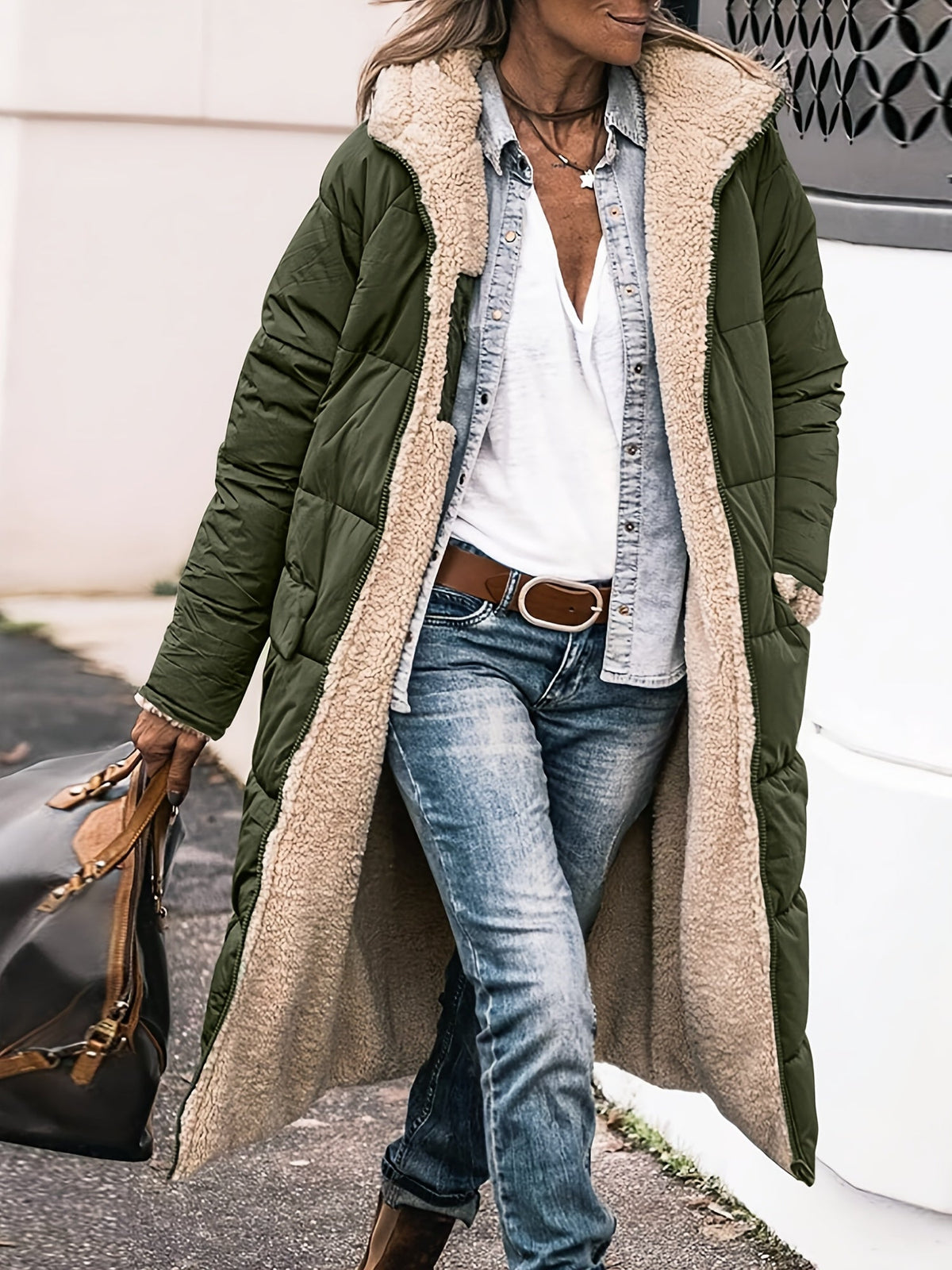 Brianna | Women's Long Hooded Puffer Coat – Faux Shearling Lining, Full Zip, Deep Pockets – Olive Green