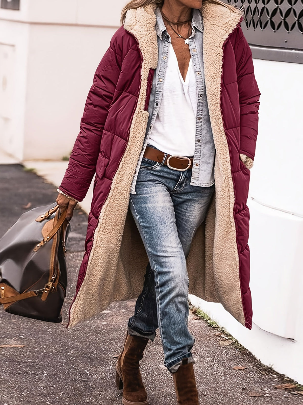 Brianna | Women's Long Hooded Puffer Coat – Faux Shearling Lining, Full Zip, Deep Pockets – Burgundy