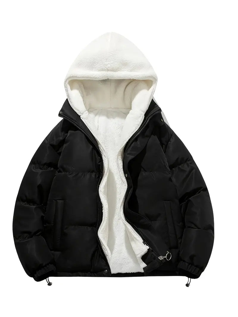 Brittany | Women's Sherpa-Lined Puffer Jacket – Hooded, Zip Front, Drawcord Hem – Black