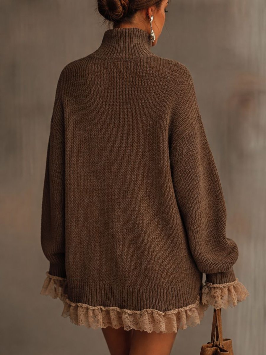 Calla | Women's Oversized Turtleneck Sweater Dress – Chunky Knit, Lace Ruffle Trim