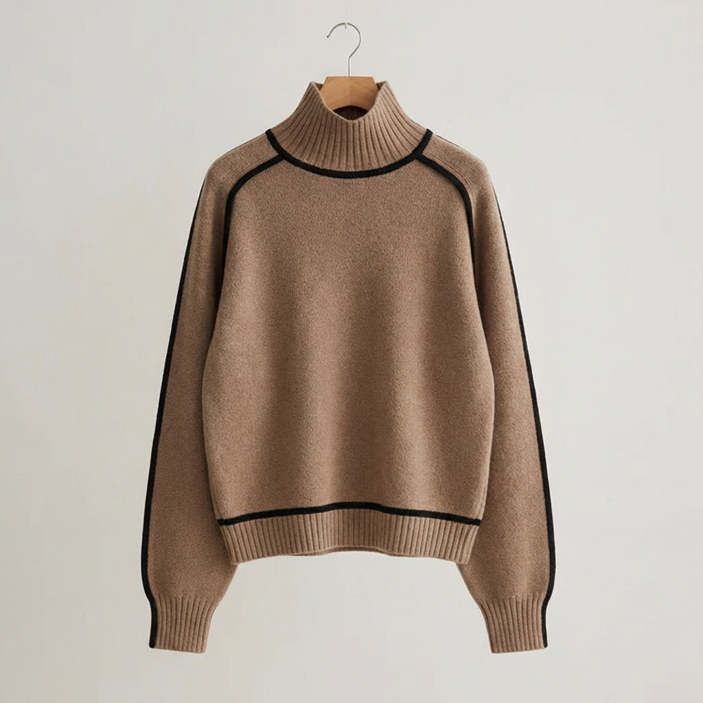 Carla | Women's Turtleneck Knit Sweater – Contrast Piping, Raglan Sleeves