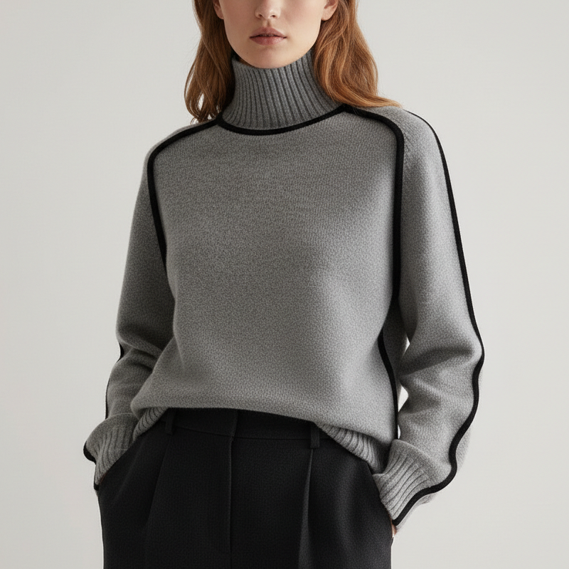Carla | Women's Turtleneck Knit Sweater – Contrast Piping, Raglan Sleeves – Light Gray