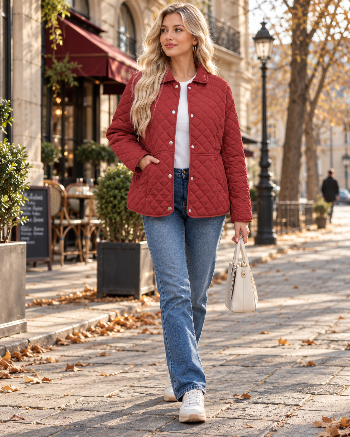 Carmen | Women's Diamond Quilted Jacket – Stand Collar, Snap Buttons, Pockets – Red
