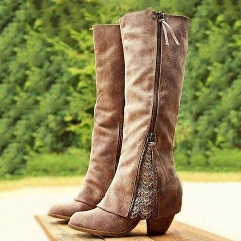 Cecily | Women's Knee High Boots – Block Heel, Side Zip, Sleek Classic Design – Brown