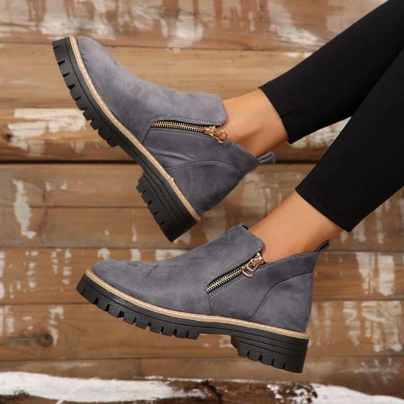 Chelsea | Women's Suede-Look Ankle Boots – Side Zip, Chunky Lug Sole, Stitched Welt – Slate Gray