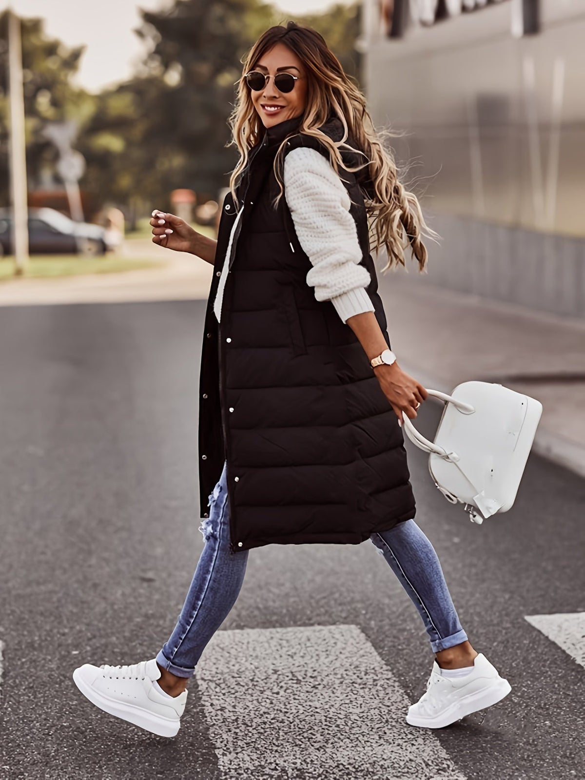 Chloe | Women's Long Hooded Puffer Vest – Quilted, Snap Front, Knee Length